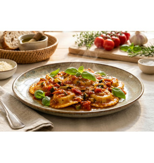 Raviolis au canard et en piperade