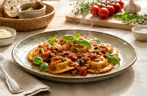 Raviolis au canard et en piperade