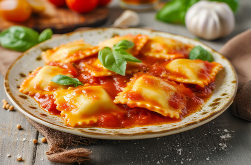 Raviolis au canard et en piperade
